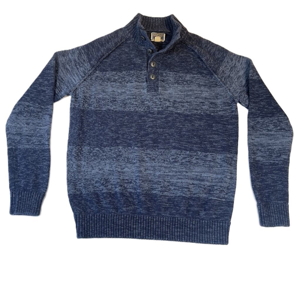 Converse One Star Henley Sweater Men's L 4 Button 100% Cotton Blue Tones Striped